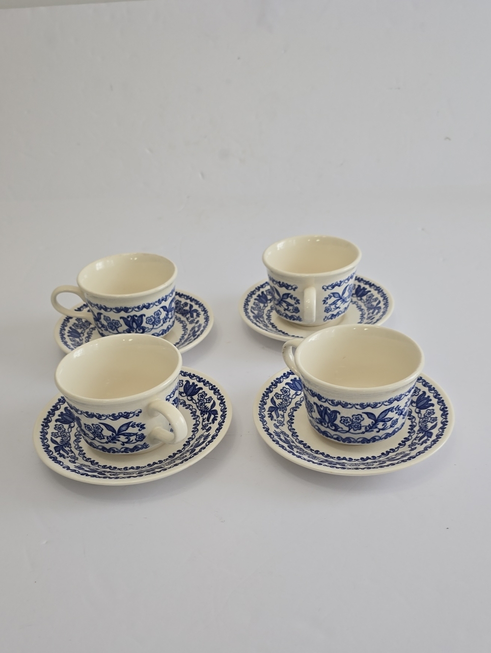Vintage Royal China Hampshire Blue Cavalier Set Of 4 Cups & Saucers USA